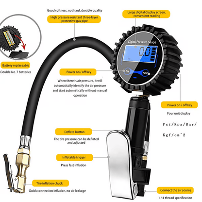 💞50K+ SOLD! 🔧 Digital Tyre Pressure Gauge & Inflator: ±1% Accuracy, 4 Units, Brass & Steel