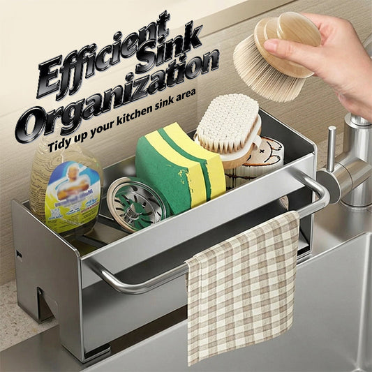 Self-Draining Sponge Holder with Towel Bar for Kitchen Sink