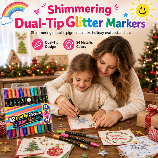 12 Pack Dual Tip Glitter Markers and Highlighters Set 24 Colors Double Ended Soft Brush Tip Pens for Student Art Drawing