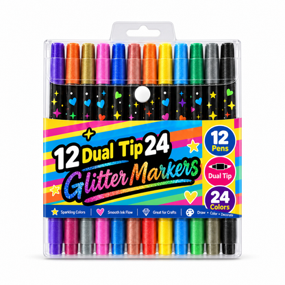 12 Pack Dual Tip Glitter Markers and Highlighters Set 24 Colors Double Ended Soft Brush Tip Pens for Student Art Drawing
